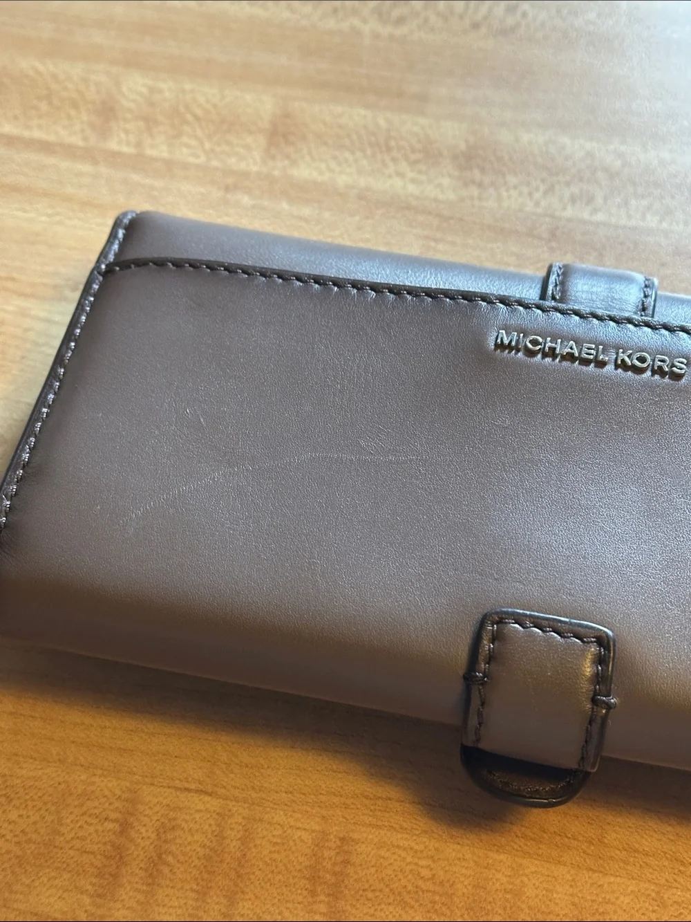 Michael Kors Chocolate Brown Leather Wallet with Silver Ring Detail